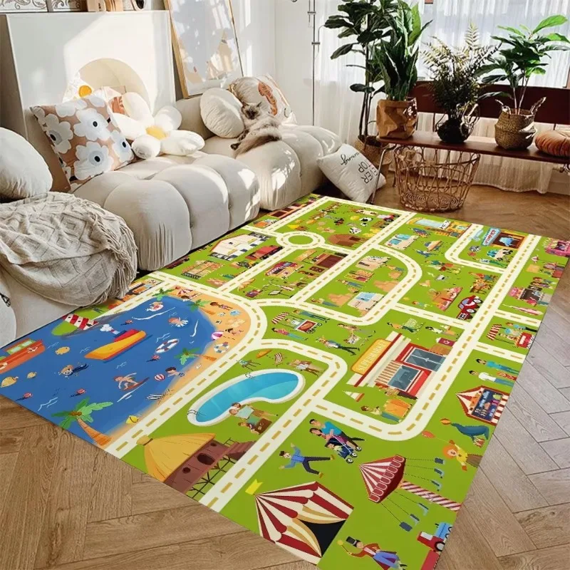 City Road Map Print Flannel Rug Decor Floor Mat for Living Room Bedroom Home Decoration Cartoon Town Pattern Decorative Area Rug
