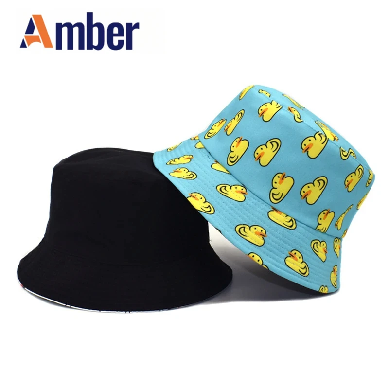 Amber Cartoon Bucket Hat Duck Print Panama Fisherman Hats Men Women Double Sides Bob Cap Beach Travel Outdoor Reversible Caps