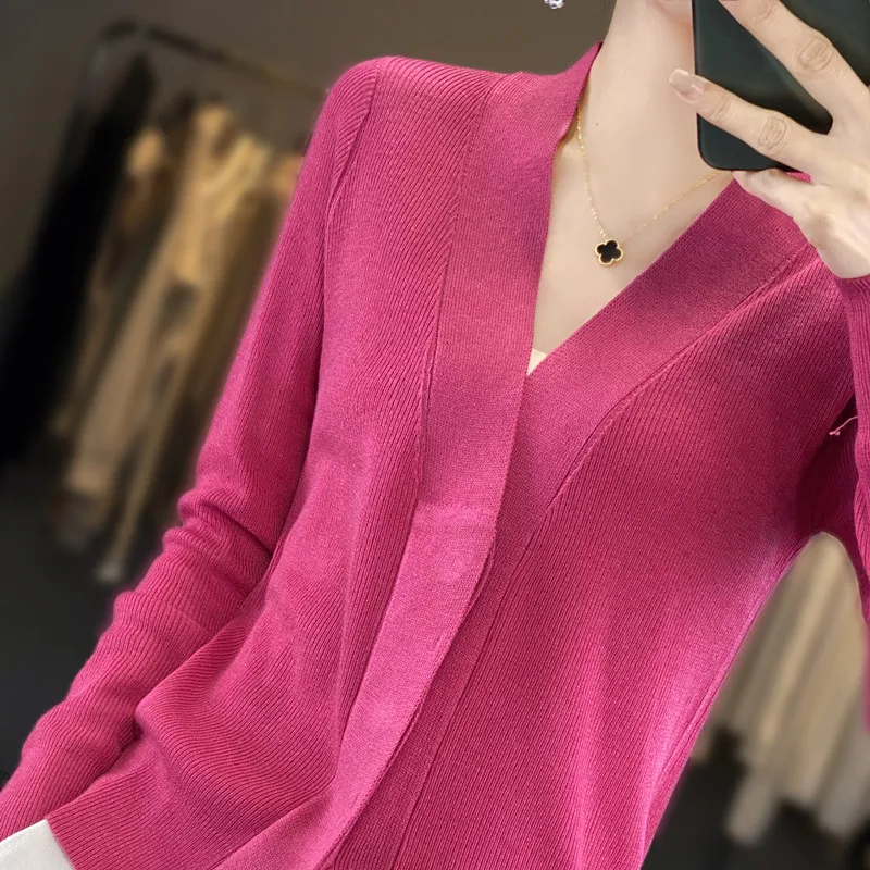 Wide edged V-neck women's top with Korean high-end design sense Blouse Spring/Summer new Korean version cardigan