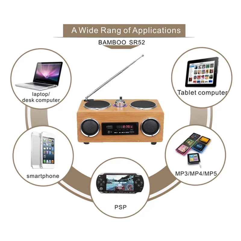 Retro Multifunction AB Repeater Bluetooth Speakers Wireless Portable Bamboo Wooden Fm Radio Boombox TF USB Card Mp3 Music Player
