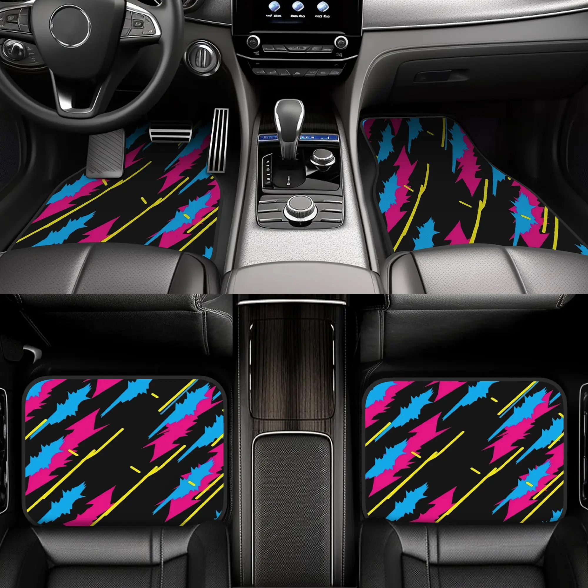 4pcs Retro Pattern Test Black Car Floor Mats, Durable Polyester Fiber, Fit For Cars, Ideal Gift, Vehicle Interior Mats, Playful