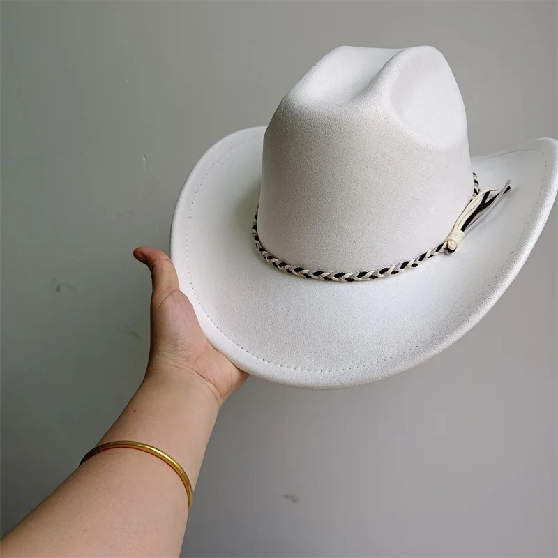 JZ001 Western cowboy hat suede hat solid color men and women warped edge jazz hat outdoor sun hat black and white braided rope