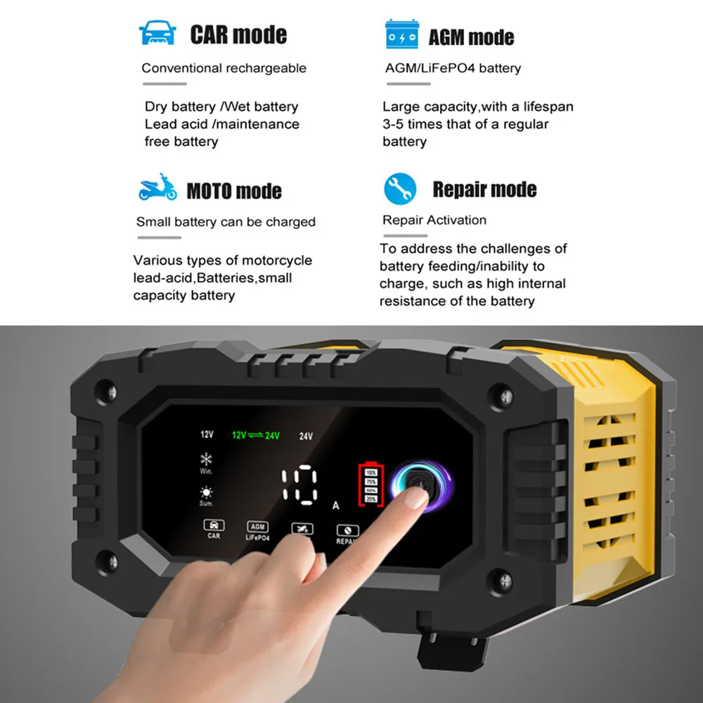Ręczna ładowarka 12V-24V do akumulatorów AGM GEL SLA LiFePO4 Smart Battey 7-stopniowa ładowarka samochodowa do akumulatorów motocyklowych