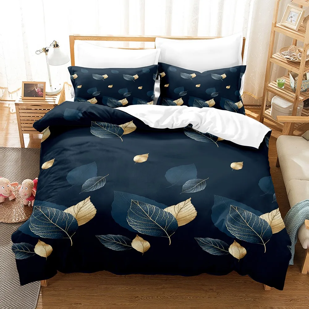 3PCS Duvet Cover Set Dark Blue  Leaf Visual Art 3D Printed Duvet Cover With Pillowcases Single Twin Queen Size Bedding Set