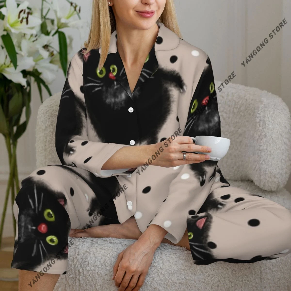 

Женские пижамы с мультяшными кошками, одежда для дома, одежда для сна из двух предметов, длинный пижамный комплект на пуговицах с длинными рукавами