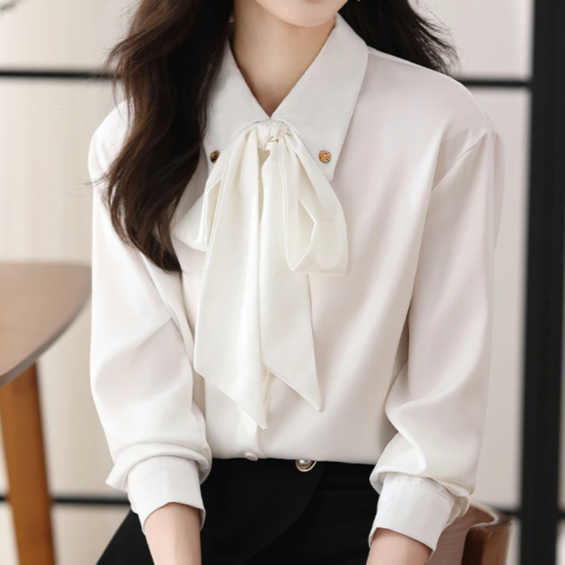 

Dropshipping Chiffon Blouses for Women Clothing Fashion Elegant White Bow Females Long Sleeve Tops Solid Puff Sleeve Office Lady