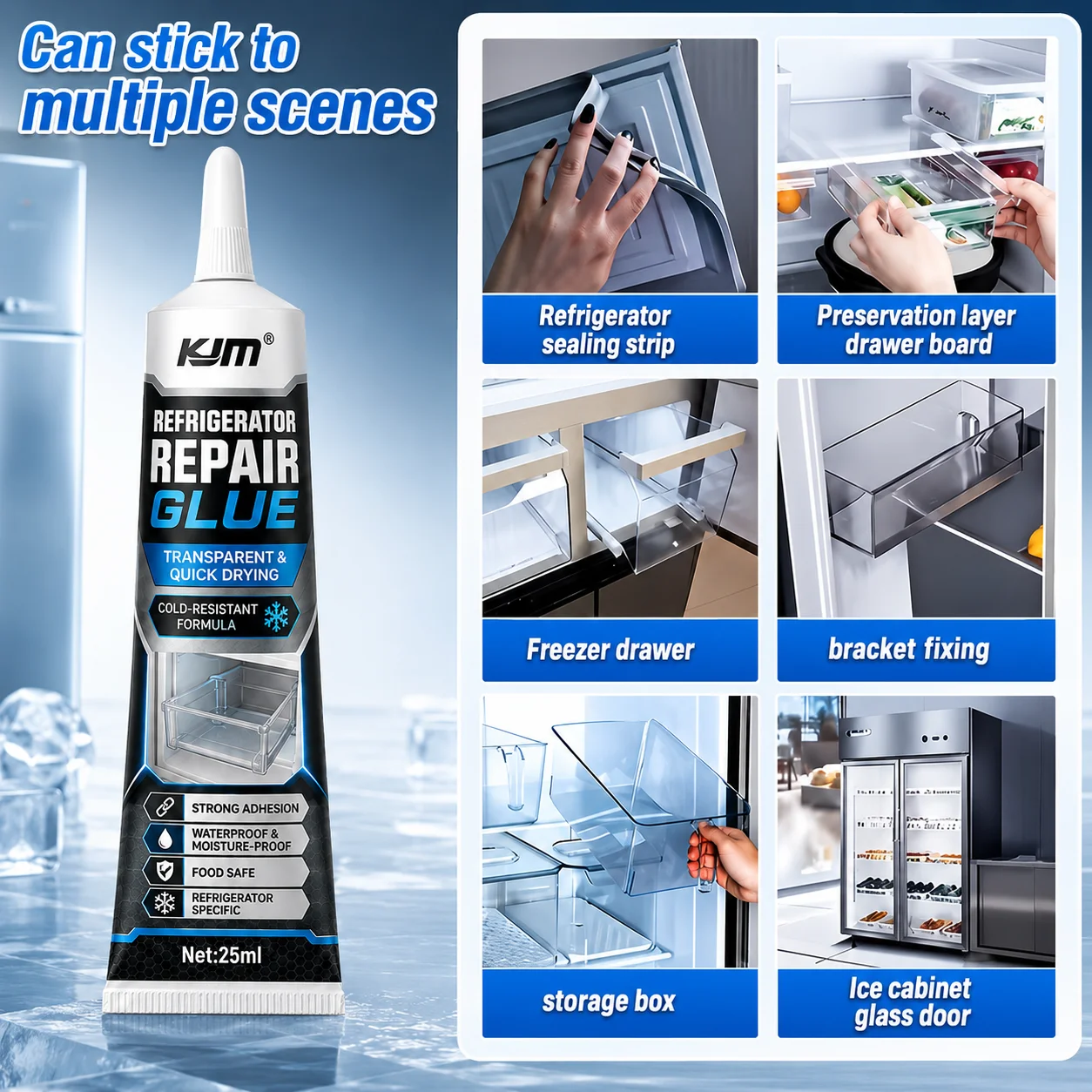 KJM Refrigerator Glue 25ml Cold Resistant Transparent Quick Dry Adhesive For Freezer Drawer Plastic Shelf Door Seal Repair