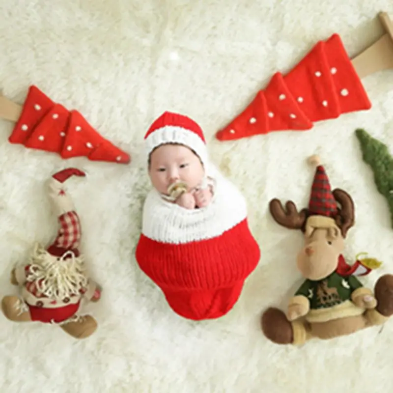 

3 Pcs/Set Newborn Photography Outfits Props Baby Knitted Hat+Elk Doll+Jumpsuit Festival Christmas Costumes for Infants