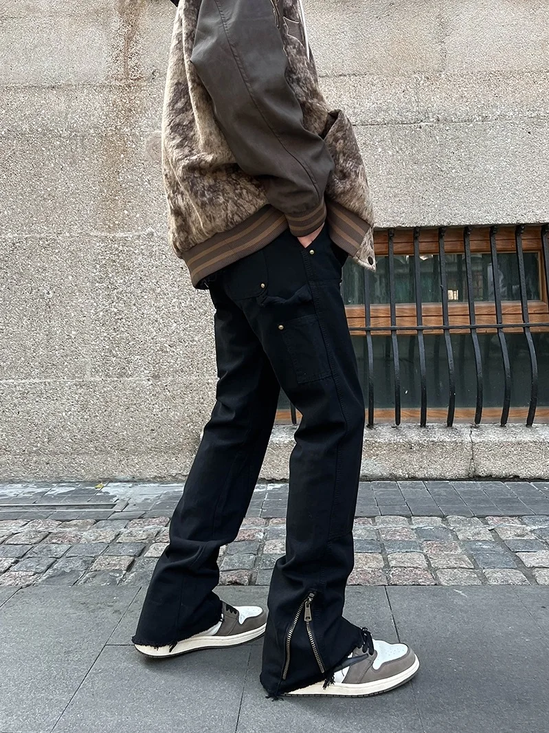 

Мужские джинсы High Street Vibe с разрезами на молнии, модные свободные прямые брюки в американском рабочем стиле, слегка расклешенные, повседневные джинсы