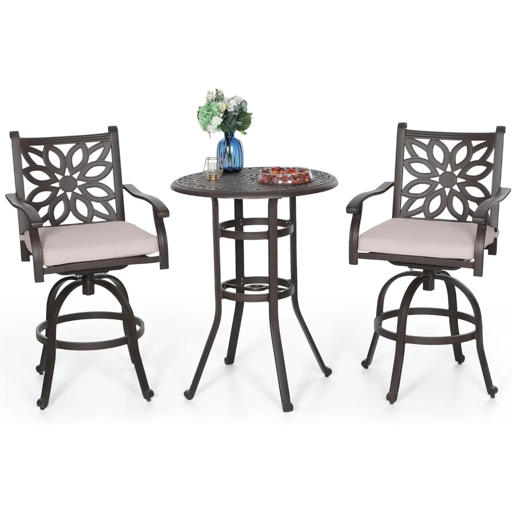 

Patio Furniture Set, Brown 3Pcs Cast Aluminum High Top Table and Swivel Bar Stools with Cushion, Pub Bistro Set for Outdoor