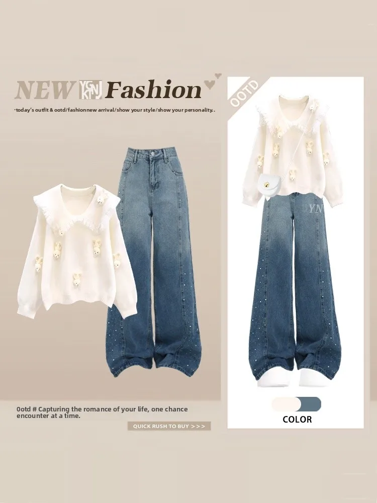 

Ele Rabbit Doll Collar Sweater And adient Denim Jeans Two-Piece Set for Women High Waist Long Sve Winter Faion