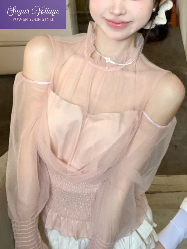 

Французская милая блузка Pure Desire, женская летняя блузка 2025, розовая сетчатая кружевная топ с рюшами, облегающая шифоновая рубашка, милая шикарная рубашка в стиле ретро