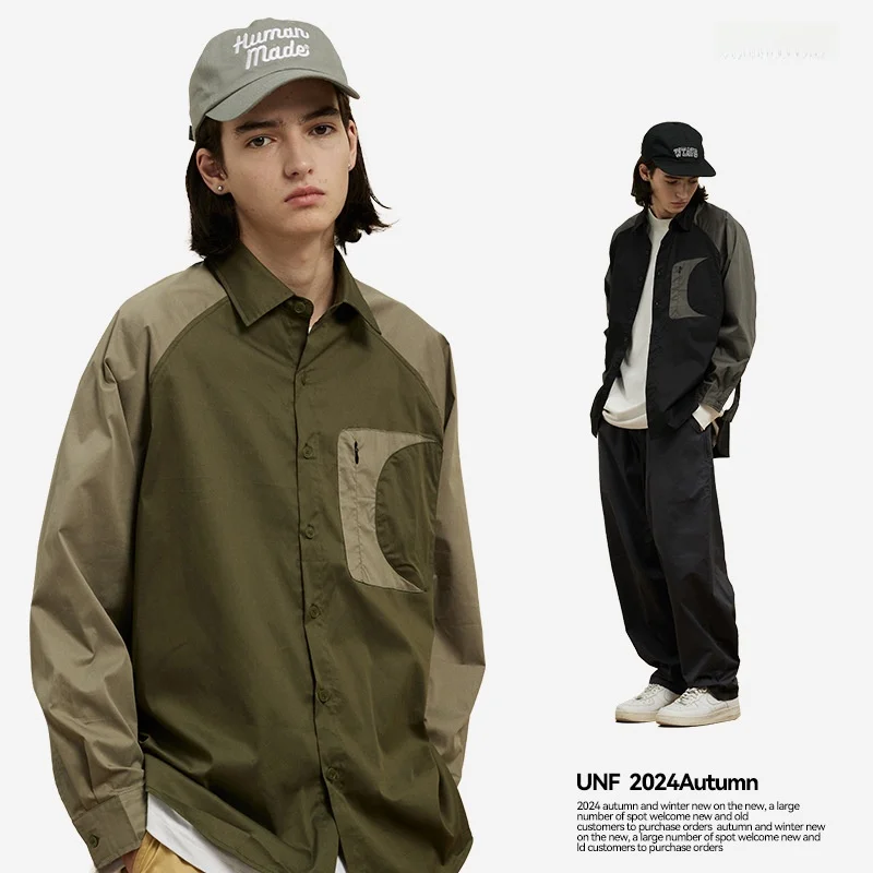 

Loose Fit Outdoor Casual irt Color Blo Splicing Men's Jaet Street Sle Long Sve Cotton irt for Youth