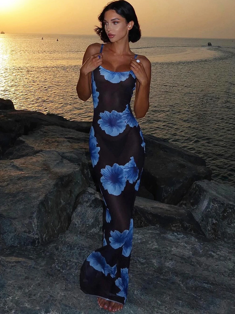 

Sisterlinda Panelled Floral Print Dress Mesh Thin See Through Spaghetti Strap Backless Low Neck Bodycon Female Y2K Midnight Robe