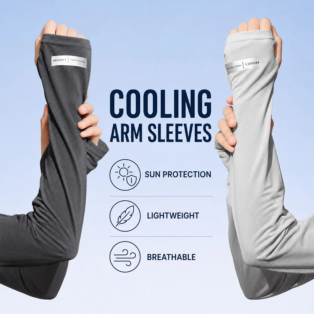 Reflective Logo Ice Silk Cooling Arm Sleeves, Breathable Mesh Sun Protection Sleeves for Men and Women