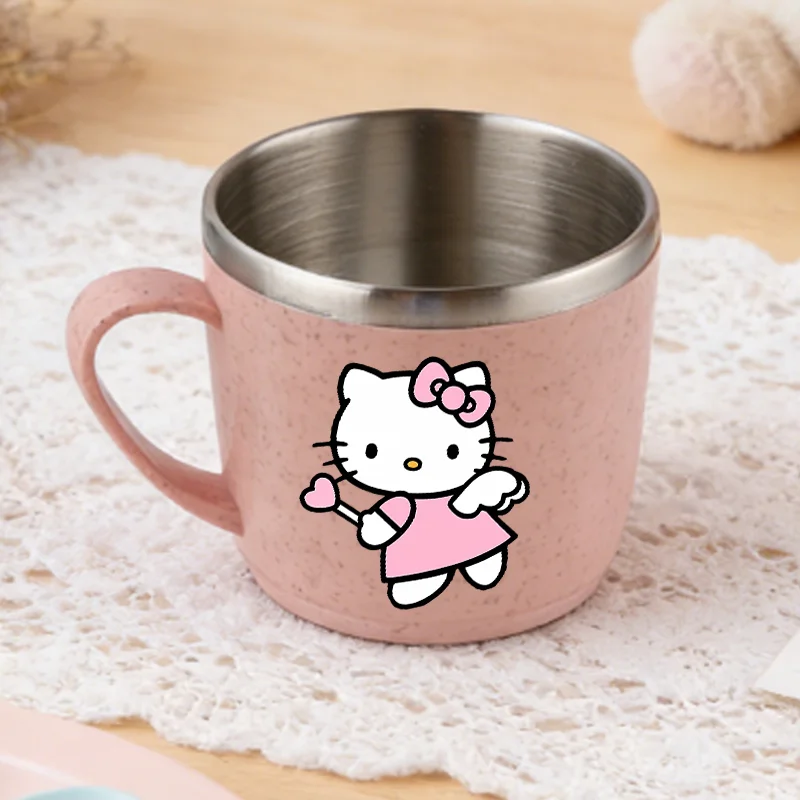 Mug à eau Hello Kitty anti-brûlure en acier inoxydable 304, tasse à bec pour filles, dessin animé kawaii, café, lait, verre de camping, cadeau d'anniversaire