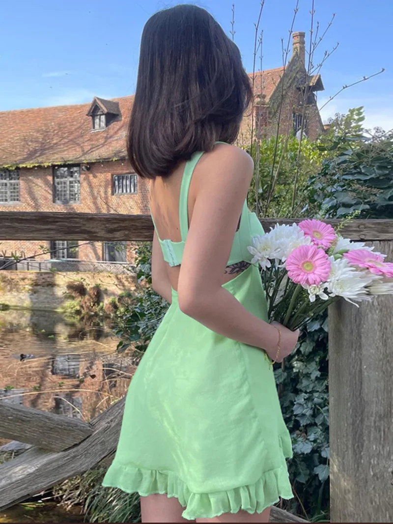 Vestidos Elegantes Para Mujer 솔리드 컬러 컷 아웃 슬림 슬링 드레스 섹시한 백리스 프릴 드레스 여성 그린 스위트 탑 CI8L