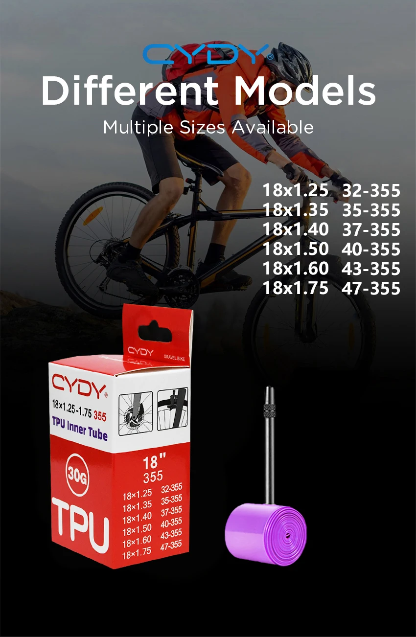 30G CYDY Fahrrad-TPU-Schlauch mit Ventil 45mm für 18 Zoll (355) 1.25, 1.35, 1.4, 1.5, 1.6, 1.75 Zoll BMX-Fahrradreifen – Detail 2