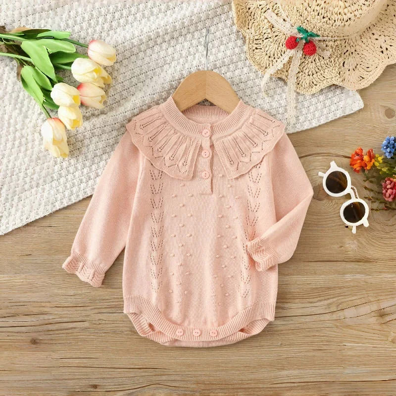 

Baby Clothes Girl Cotton Knit Romper Eyelet Lace Collar Button Front Onesie 0-3Y Baby Girl Bodysuit Comfortable Newborn Outfit