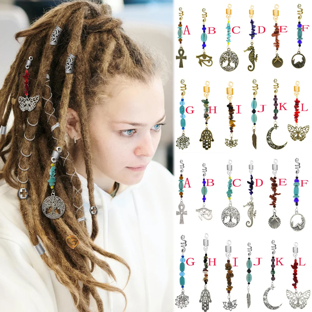 12 Styles Unisex Stone Beads Hair Dreadlock Loc Jewelry Pins Clips Beard Rings Women Hiphop/Rock Braiding Tube Cuffs Accessories