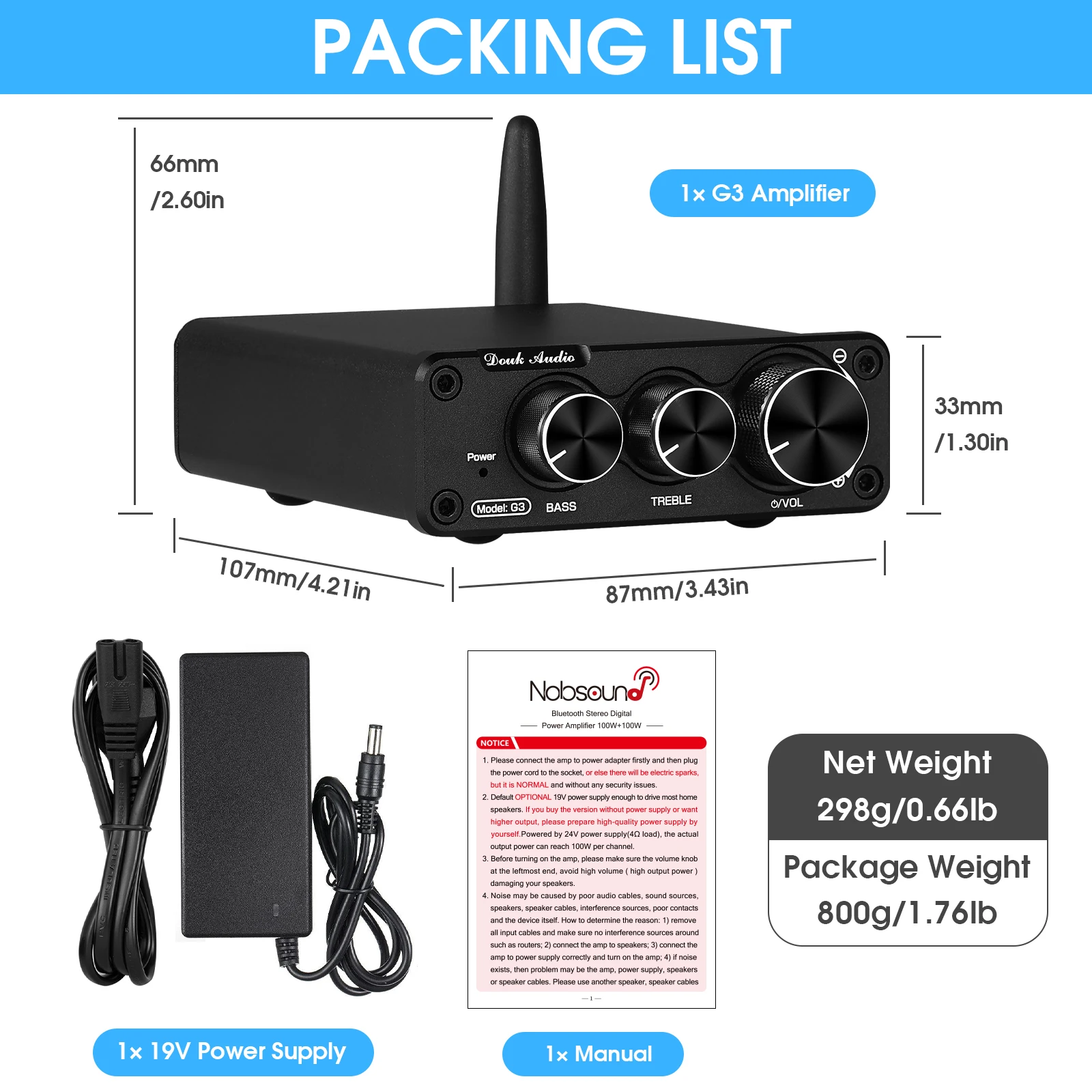 Nobsound - Amplificatore digitale Bluetooth 5.0, amplificatore digitale HiFi Stereo Audio a 2 canali, amplificatore di potenza con controllo bassi e alti per altoparlanti domestici (NS-15G Plus