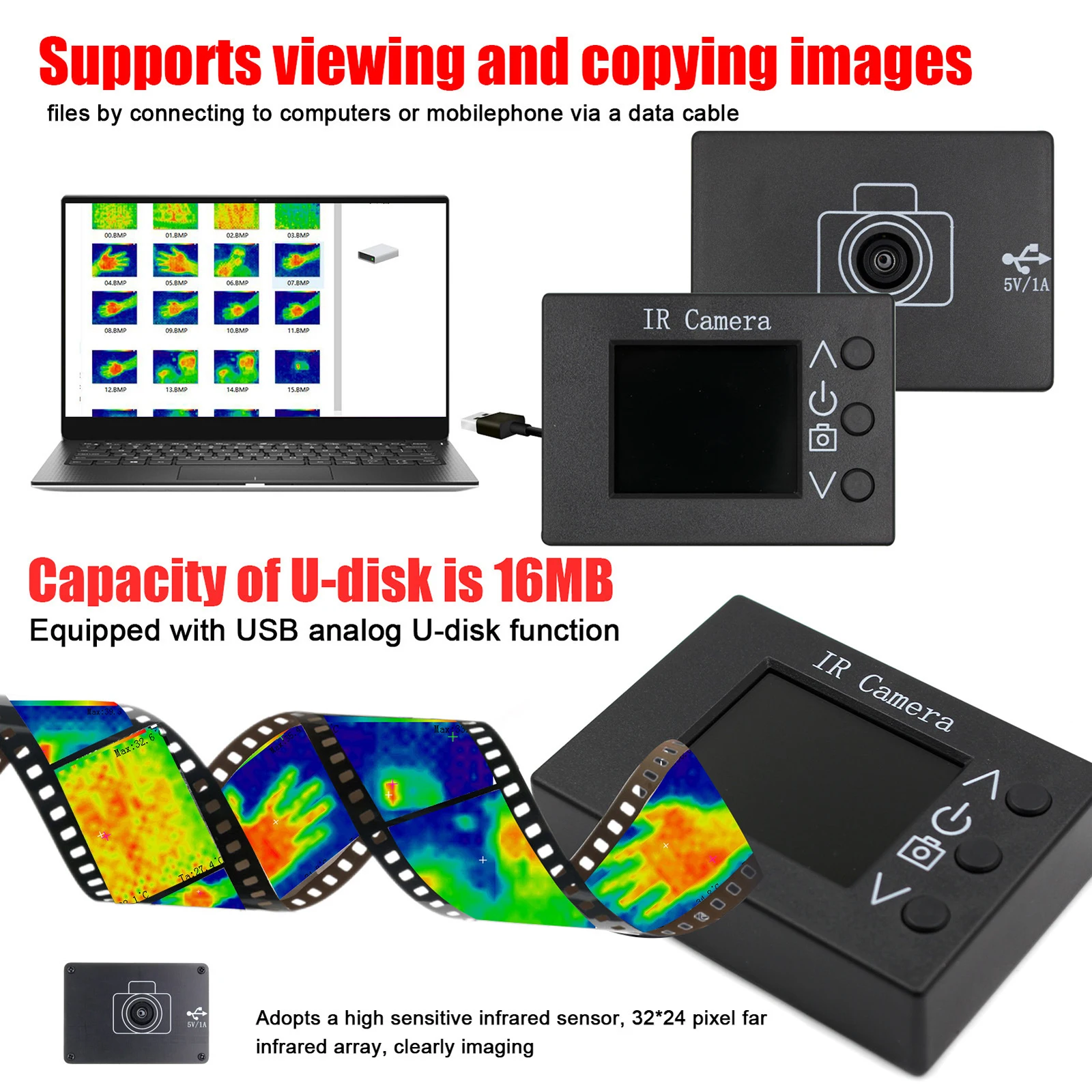 MLX90640จอแสดงผลดิจิตอลแอลซีดี1.8นิ้วกล้องถ่ายภาพความร้อนแบบพกพาพกพาเครื่องตรวจจับความร้อนเครื่องมือตรวจจับ USB แบบชาร์จไฟได้