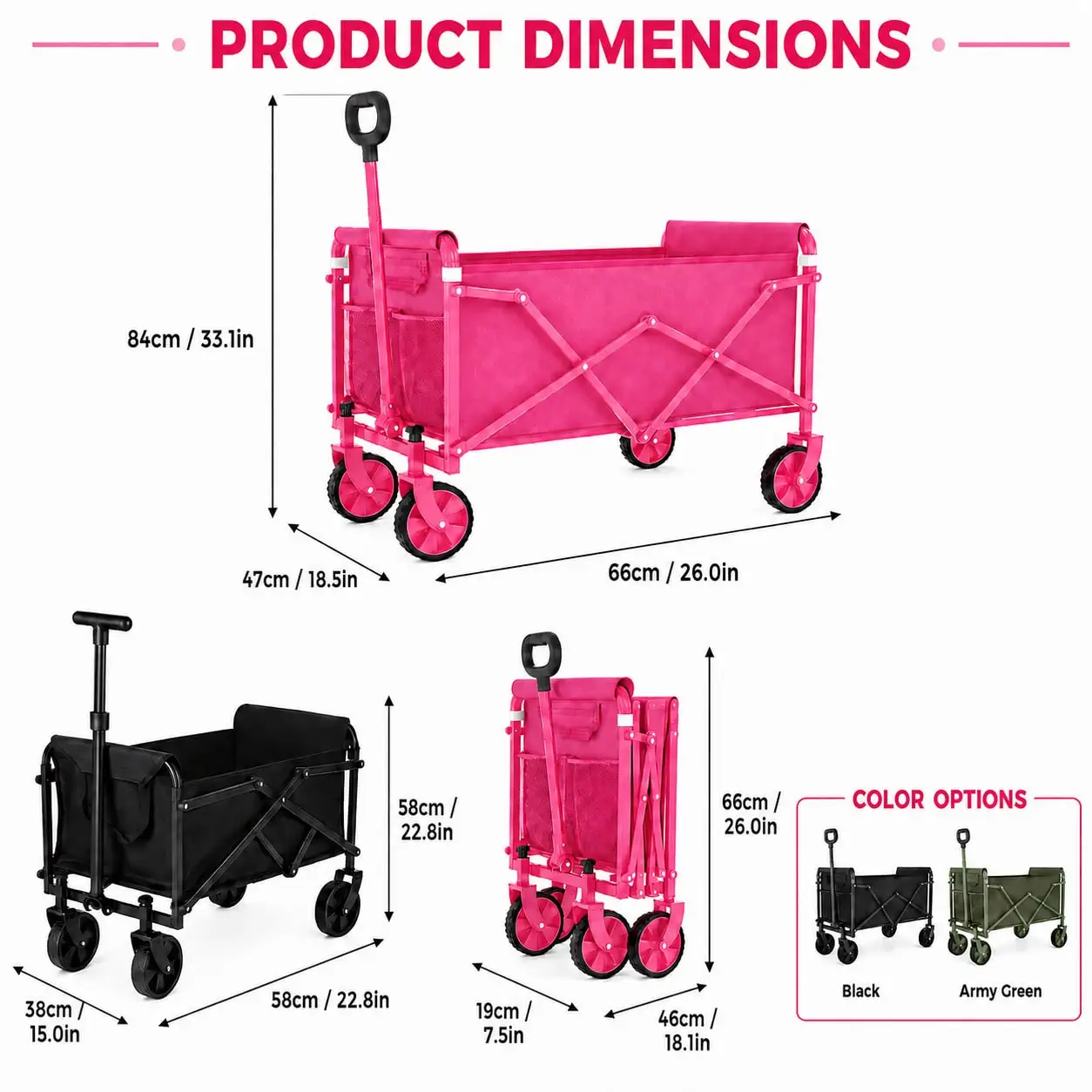 Pink Collapsible Folding Wagon Cart, Heavy Duty Outdoor Utility Garden Cart With Adjustable Handle And All-Terrain Wheels For Camping, Shopping, Sports And Gardening