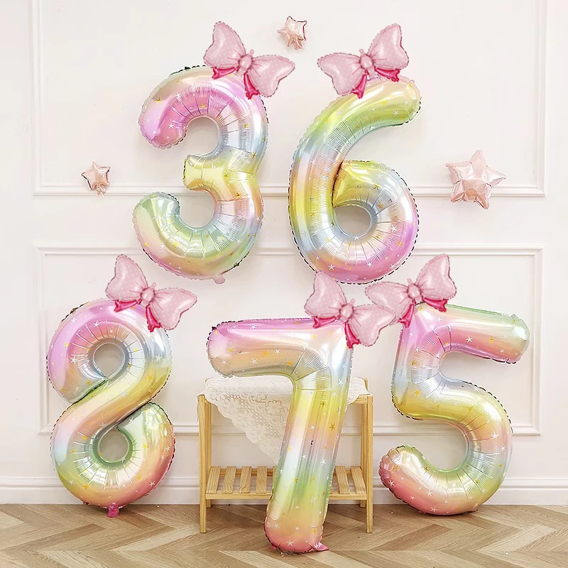 2Pcs40 inch Starry Sky Gradient Digital Balloon 10 inch Bow Foil Helium Balloon Number 0-9 Birthday Party Background Decoration