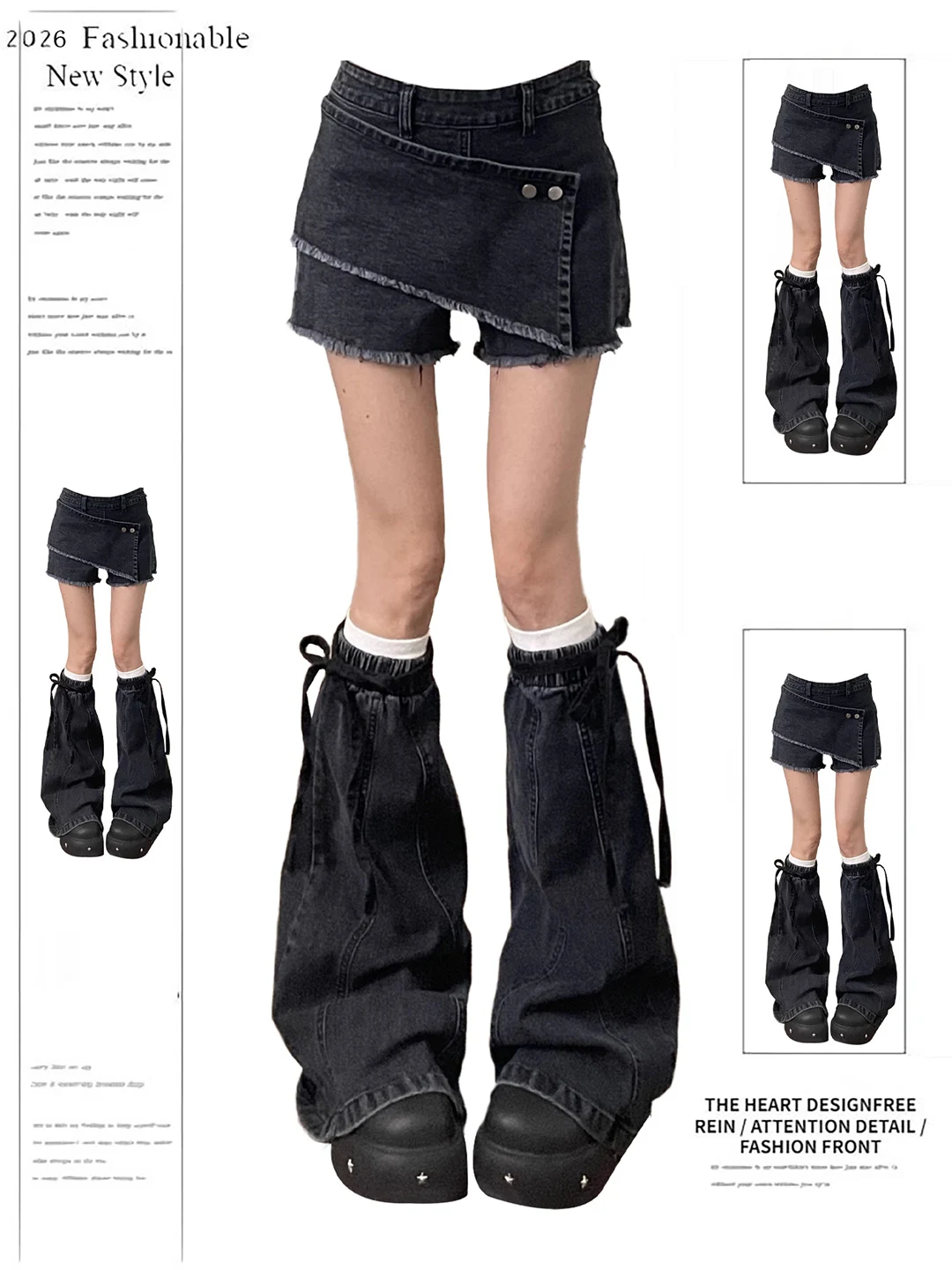 

American Retro Short Pants Leg Covers Women's Summer New Design Spicy Girl Complete Outfit High Waist Wide Leg Jeans Denim