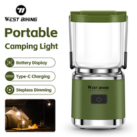 WEST BIKING Portable Camping Lantern With Windproof Hanging Hook Outdoor Tent Light Stepless Dimming Rechargeable Night Light