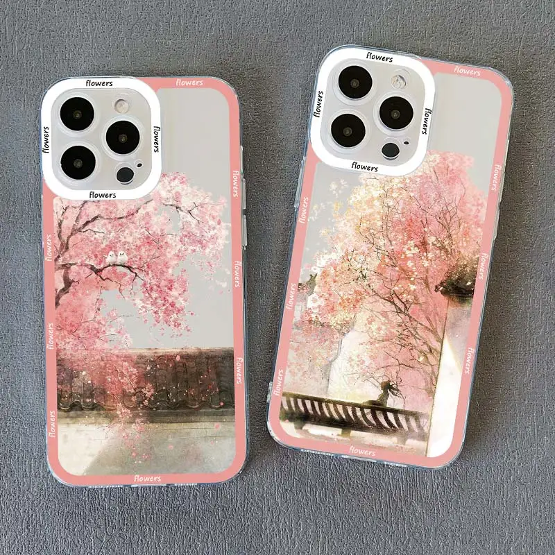 Pink Peach Blossom Clear Phone Case for iphone 15 14 13 12 Pro Max 11 15 14 Plus XR XS X 7 8 Plus SE2 Flowers Transparent Covers