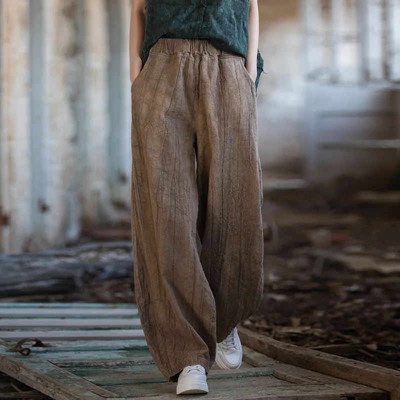 

Tie-Dyed Ramie Blend Trousers - Distressed Bohemian Paper-Bag Waist Culottes for Women