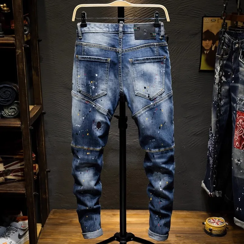 High Street Fashion Men Jeans Retro Blue Stretch Slim Fit Painted Ripped Jeans Men Spliced Designer Hip Hop Vintage Denim Pants