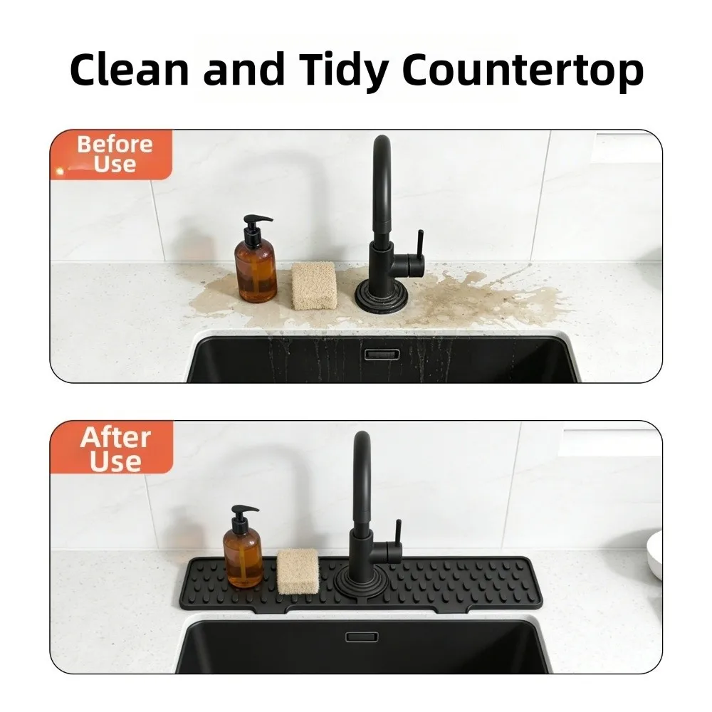 Silicone Splash Guard Mat Raised edges 45cm Length Faucet Sink Pad Ajustable Size Splash-proof Basin Protector Mat Kitchen Use
