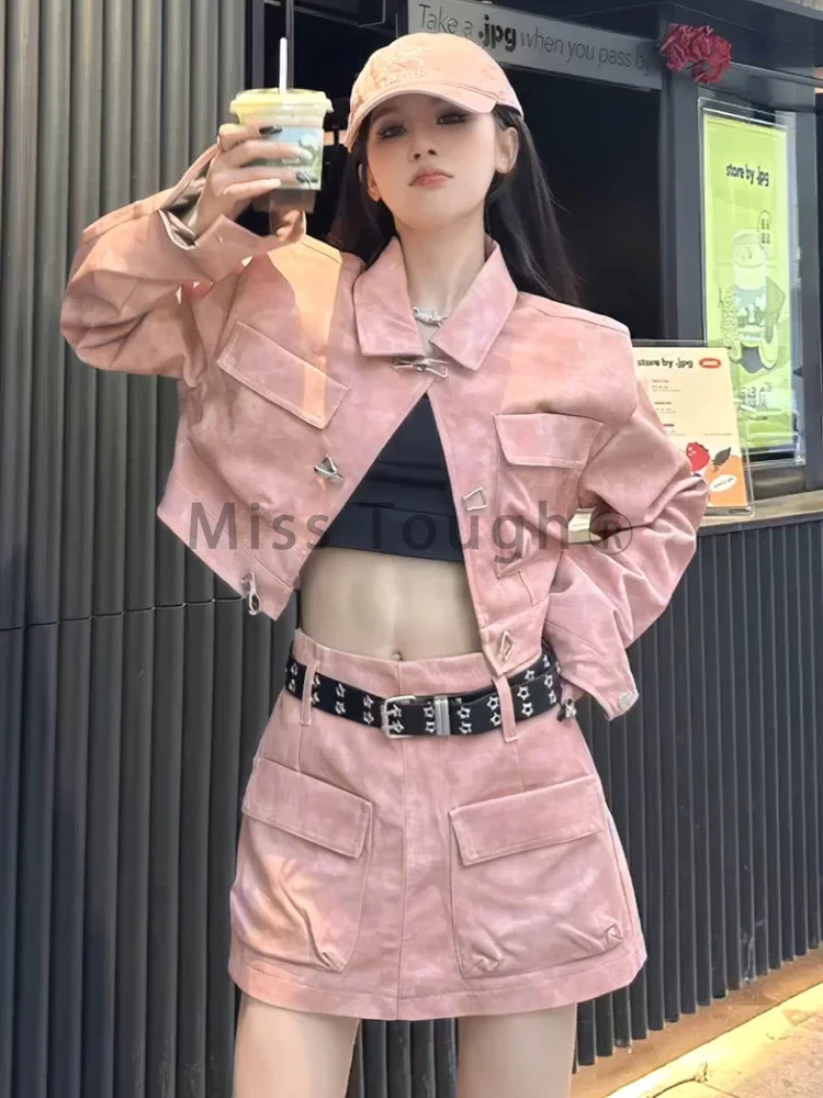 Autumn Sexy Y2K New 2 Piece Set Women Korean Version Temperament Spice Girls Suit Female Pink Buckle Jacket + Multi-bag Skirt