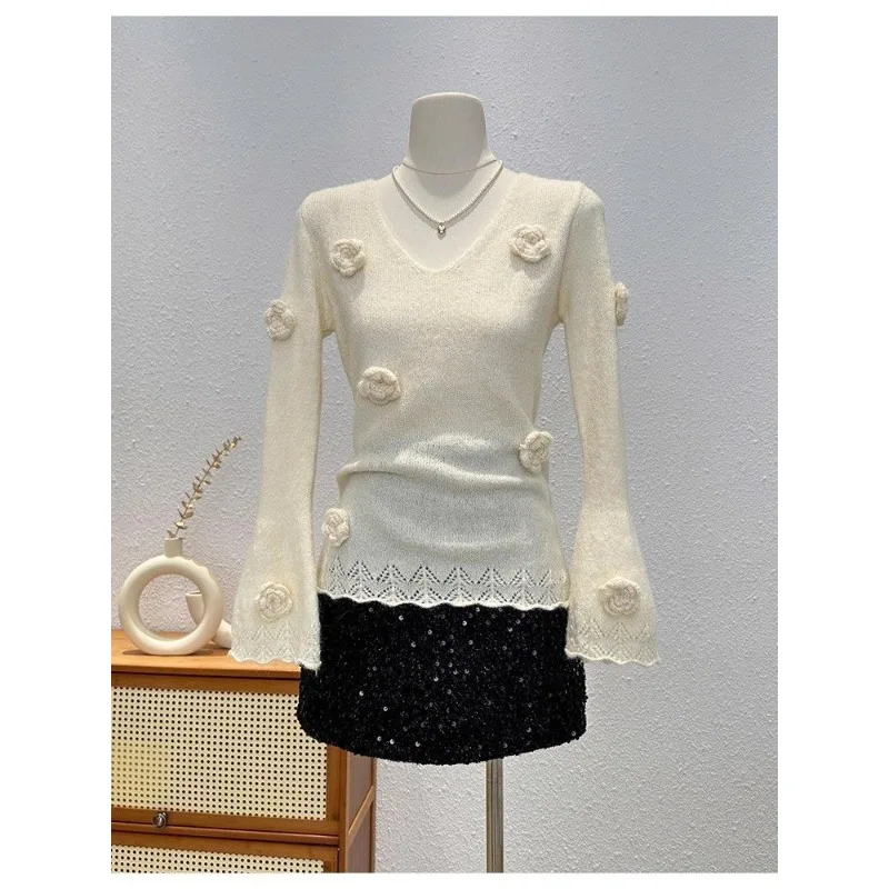 تصميم غربي عصري محبوك المرأة الخريف الشتاء أنيقة جرس كم سترة الخامس الرقبة الأعلى