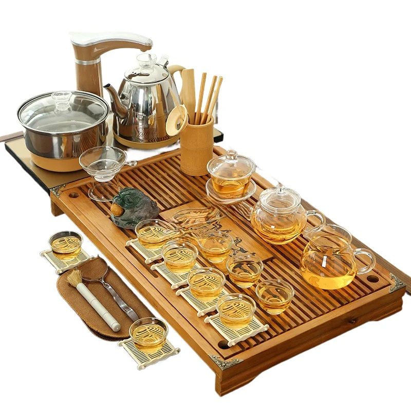 Automatic Wooden Coffee Table Set - Natural Finish Gongfu Tea Set with Home and Office Electric Kettles