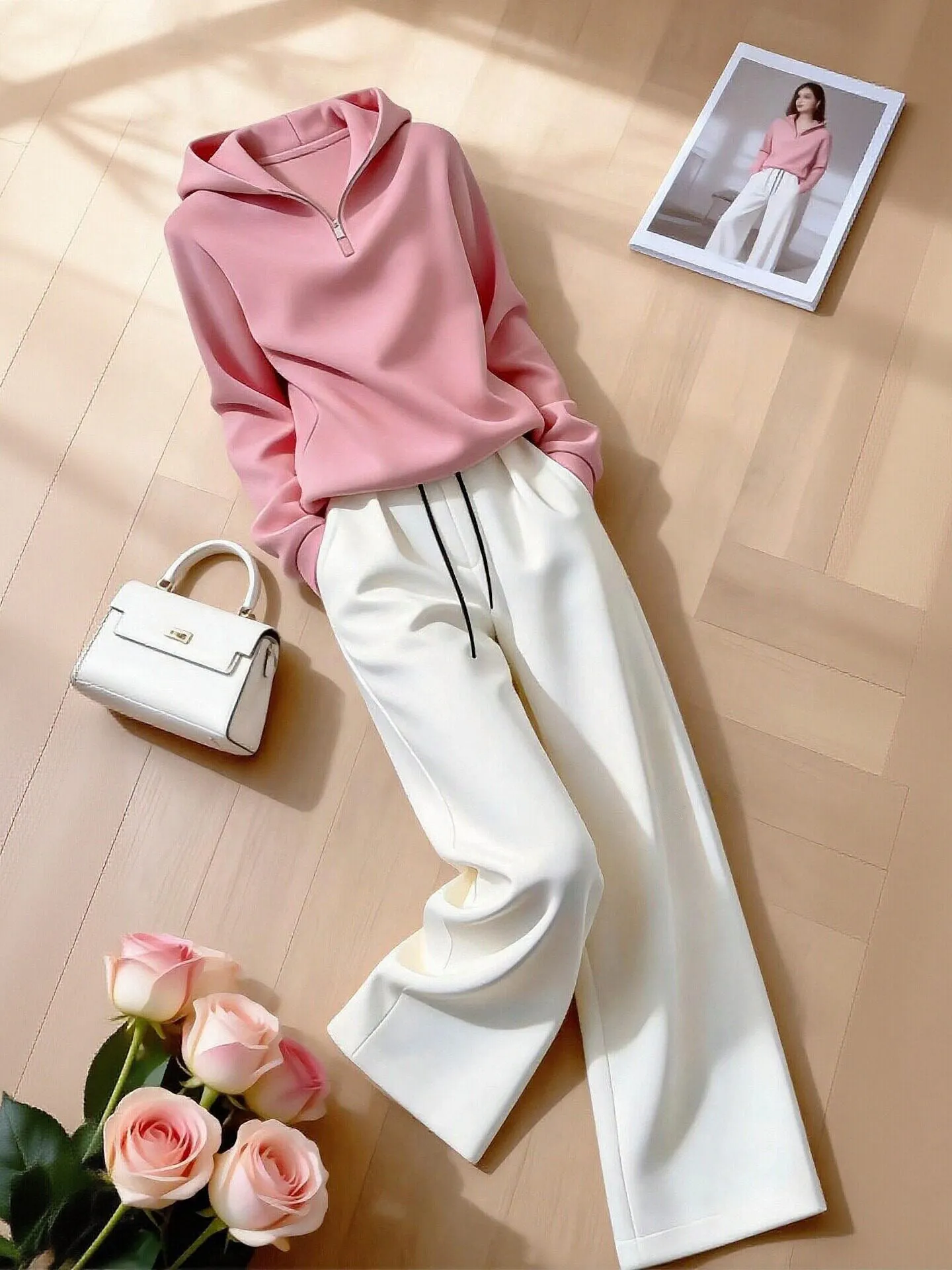 

Early Spring Beautiful Set 2026 New Sweet Pink Hooded Long Sleeve Sweatshirt White Wide Leg Pants Two Piece Set Women's Style