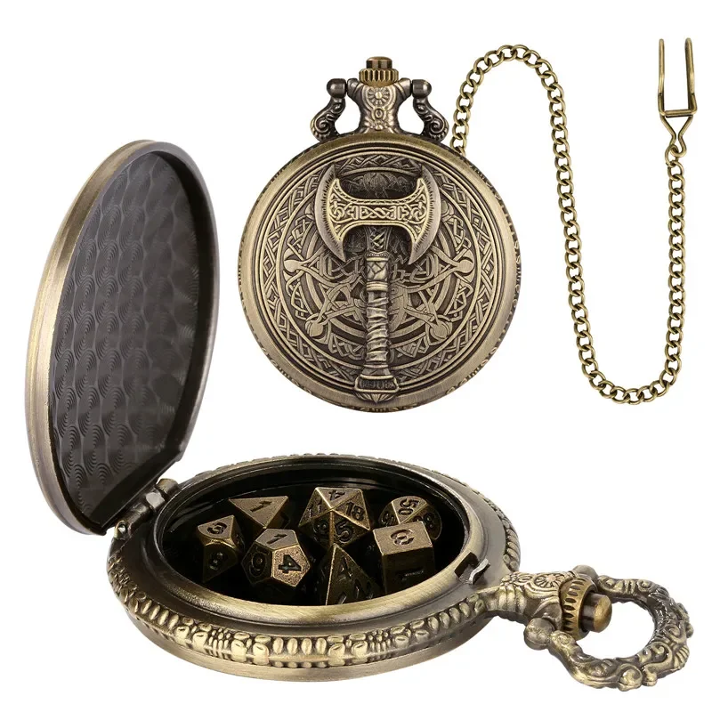 Vintage Axe Design Pocket Watch Case Pendant Chain with 7pcs Tiny Polyhedral Metal Dice Set Table Role Play Gaming Dices