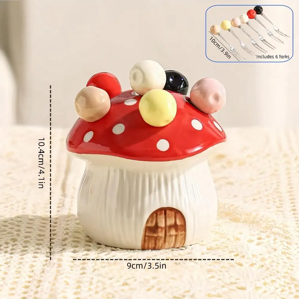 6-Piece Ceramic Mushroom Shaped Fork Set with Base Stand Stainless Steel - Unique Diningware Set for Fruits And Desserts Party D