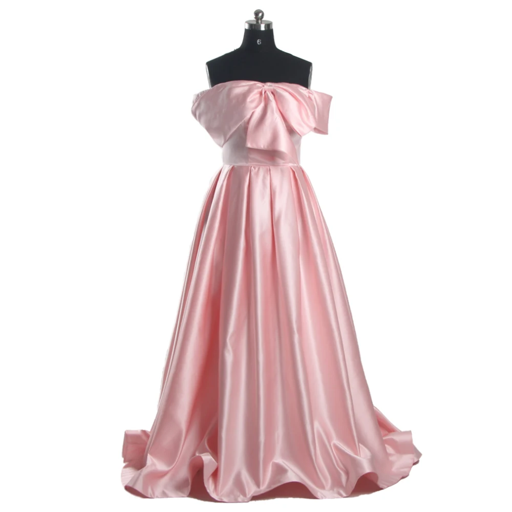 

Evening Dresses Simple Pink Shiny Satin Off the Shoulder Bow Lace up Pleat A-line Floor Length Plus size Women Party Dress B1950