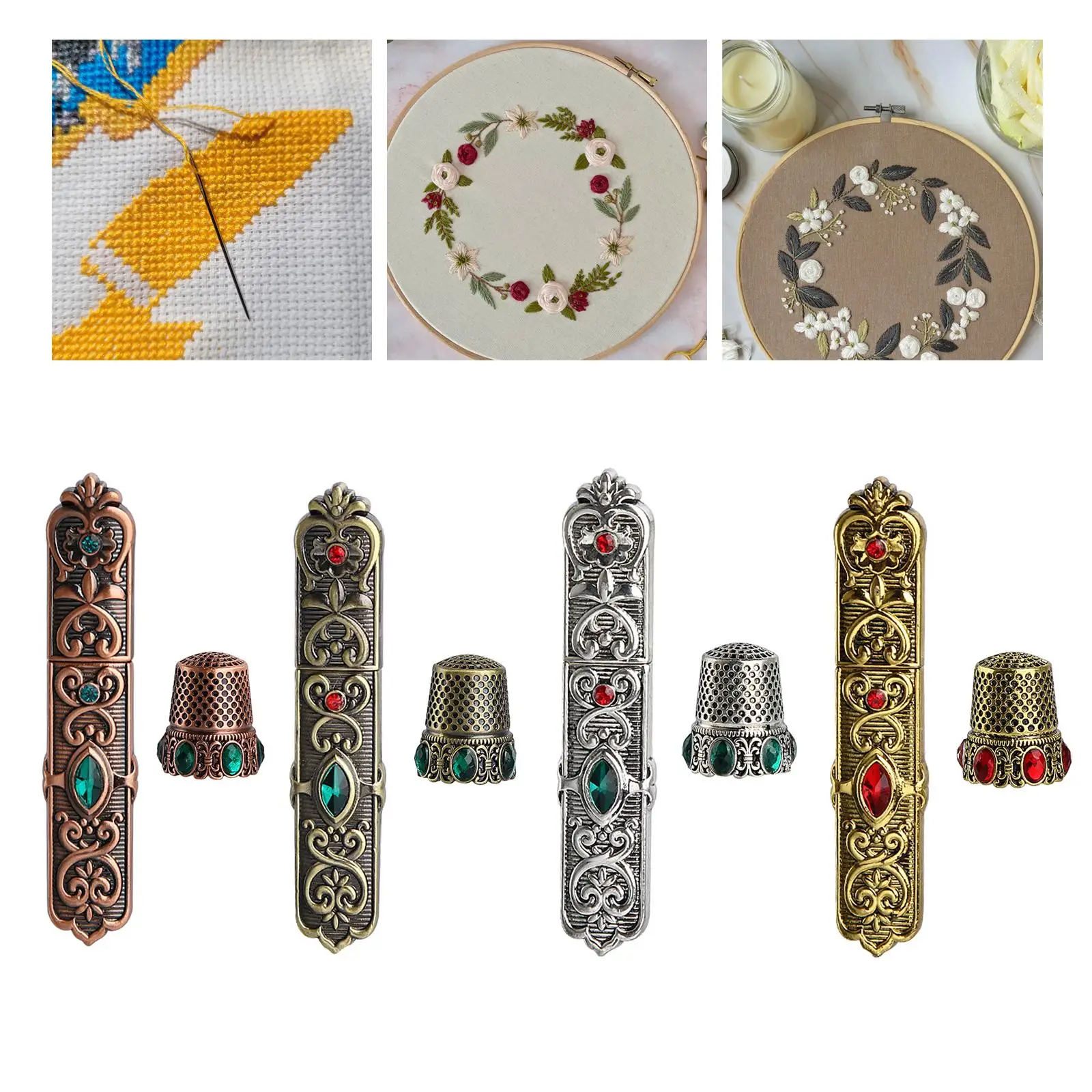 Étui à aiguilles à coudre, couture victorienne avec dé à coudre, point de croix en métal