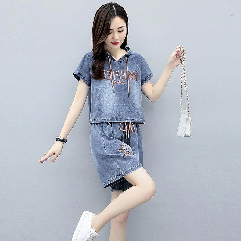 

Faionable Korean Sle Slimming Denim Set ort Pants ort Sve Top Women's Summer Outfit Two-Piece Suit Commute Sle