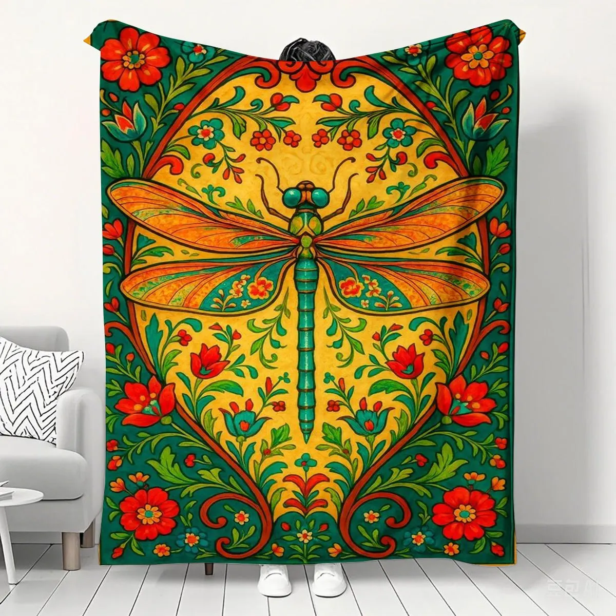 Boho Floral Dragonfly Throw Blanket Nap Lap Cover Decorative Vibrant Pattern for Couch Sofa Seating Room Decor Gift