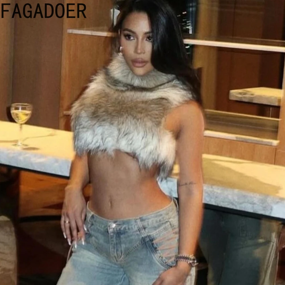 

FAGADOER Autumn New Sexy Fur Patchwork Vest Women Solid Color Sleeveless Backless Zipper Crop Top Female Streetwear Clothing