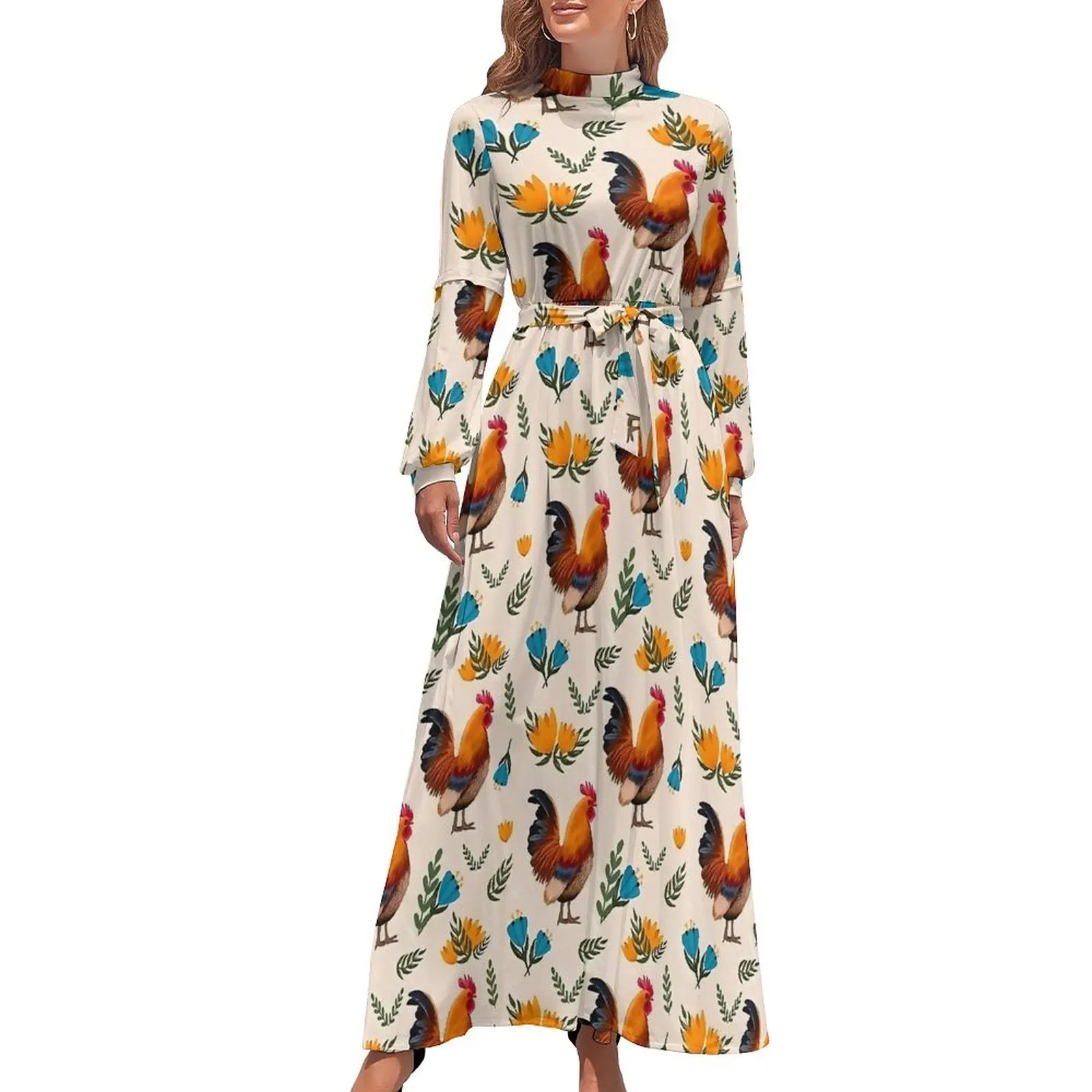 Folk Art Chickens Dress Florla Print Street Wear Beach Dresses Woman Long Sleeve High Neck Sexy Long Maxi Dress