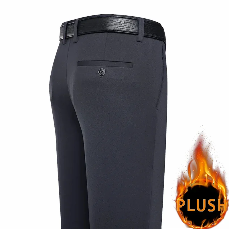 2024 Autumn Winter Men\'s Thick Warm Fleece Pants Plush Smart Casual Suit Pants Loose Straight Navy Blue Black Pants Trousers