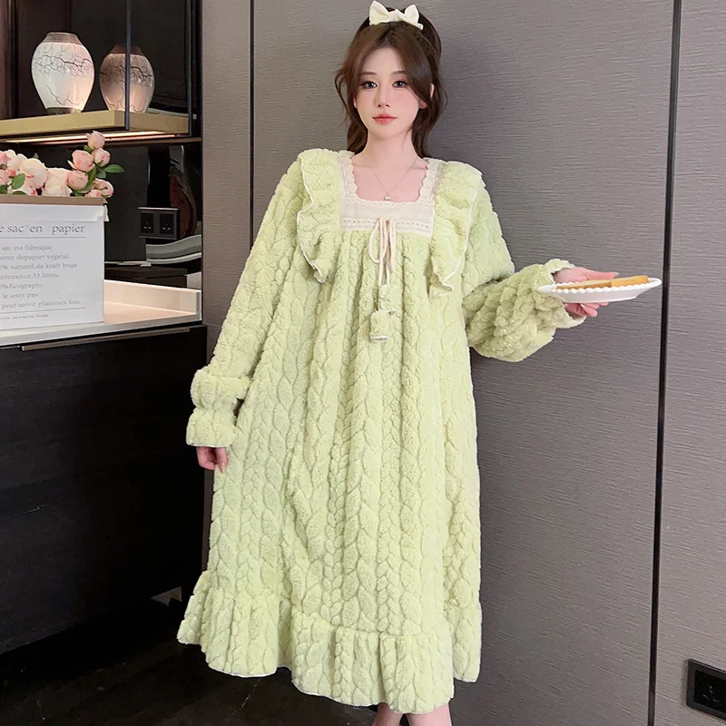 Autumn Winter Long over-the-Knee Nightdress Women  Flannel Cute Sweet Lace Princess Coral Fleece Pajamas Dress