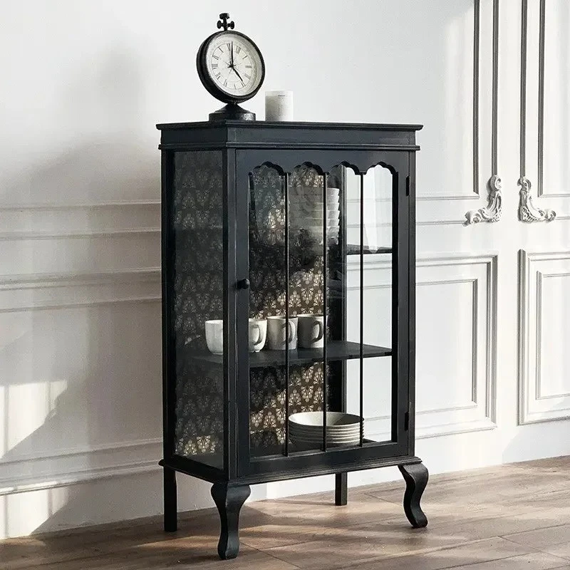 

D96 Y zqAmerican Style French Style Vintage Black Pastoral Solid Wood Glass Dining Room Sideboard Storage Wine Cabinet