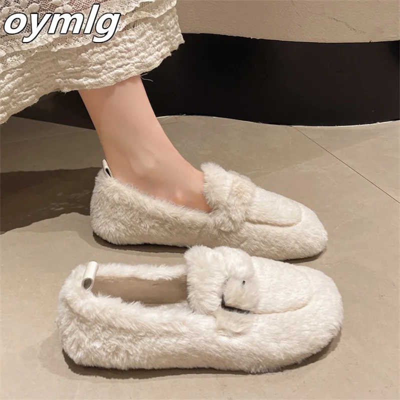 Women's fur shoes for winter wear warm and thick with fleece one foot kick bean shoes lamb wool thick soled, large cotton shoes